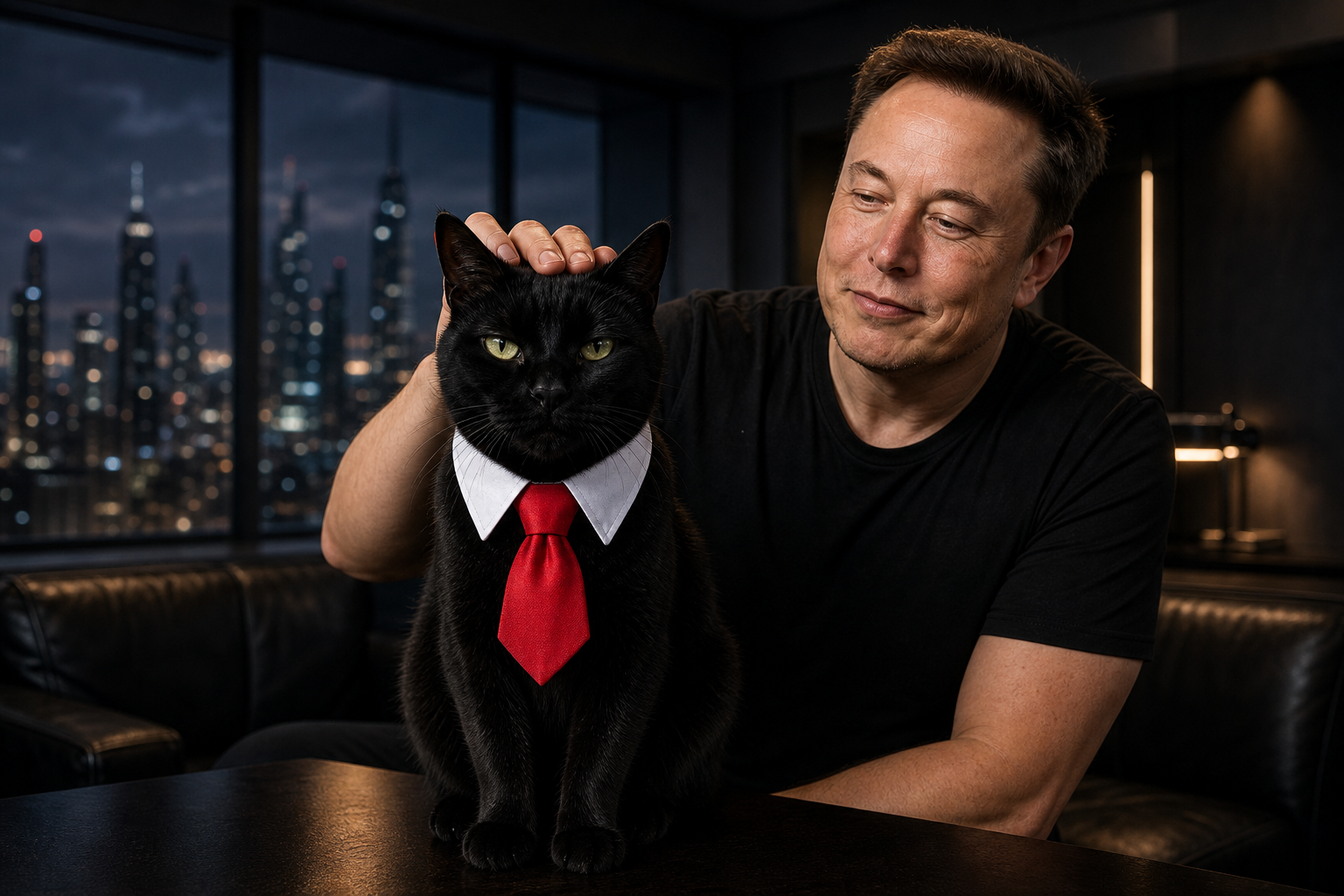 Elon petting Elon’s API Cat — the black cat in a white collar and red tie